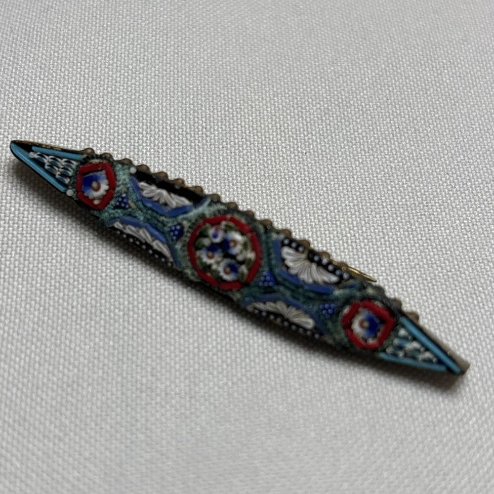 Vintage Venetian Grand Tour Micro Mosaic Flower Brooch Bar Pin